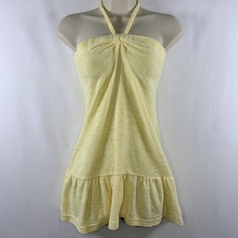 VTG Exist Womens Y2K Terry Cloth Halter Tunic Top Sz M Yellow Ruffle Beachy
